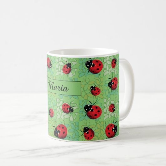 Ladybug Petals Green Pattern Koffiemok (Voorkant rechts)