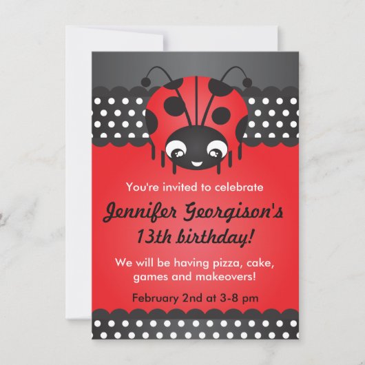 Ladybug Polka Dot Birthday Party Invitation Kaart (Voorkant)