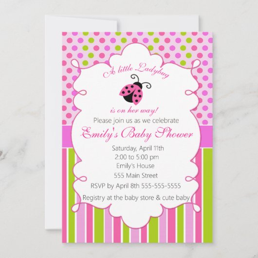 Ladybug Rose Green Girl Baby shower Invitation (Devant)