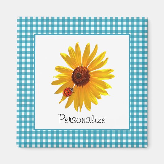Ladybug Sunflower Turquoise Gingham met naam Magneet (Voorkant)