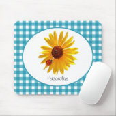 Ladybug Sunflower Turquoise Gingham met naam Muismat (Met muis)