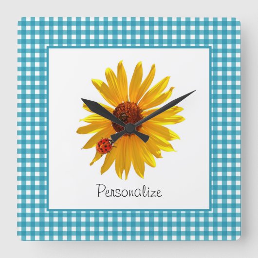 Ladybug Sunflower Turquoise Gingham met naam Vierkante Klok (Voorkant)