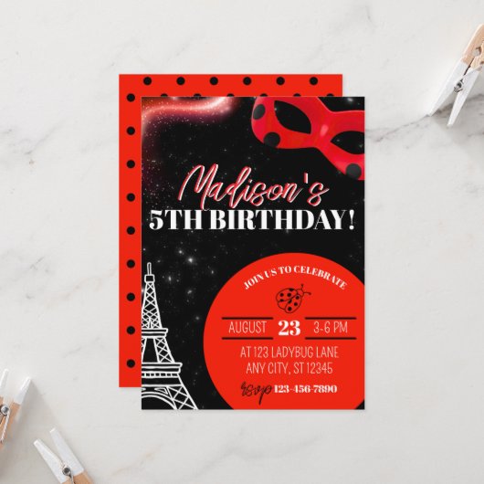 Ladybug Superhero Birthday Invitation (Devant/Arrière en situation)