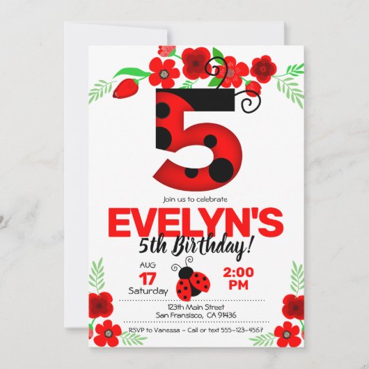 Ladybug Uitnodiging voor 5e verjaardag (Voorkant)