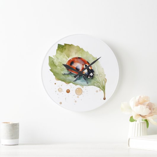 Ladybug zit op een blad in levendige waterkleur grote klok (Huis)