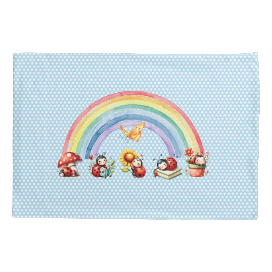 Ladybugs and Rainbow Blue Dot Kids Pillowcase Kussensloop (Achterkant)