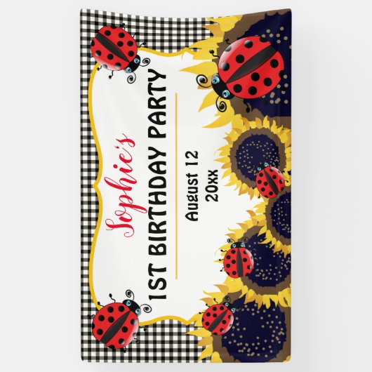 Ladybugs en zonnebloemen Eerste verjaardag Spandoek (Verticaal)