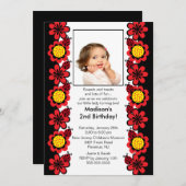 Ladybugs & Flowers Photo Invitation d'anniversaire (Devant / Derrière)
