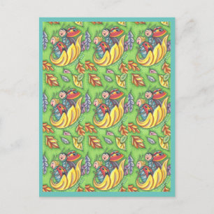LADYBUGS RIDING ON FALLING AUTUMN LEAVES, FUN BUG BRIEFKAART