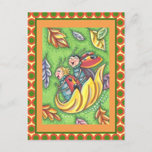LADYBUGS RIDING ON FALLING AUTUMN LEAVES, FUN BUG BRIEFKAART (Voorkant)