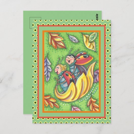 LADYBUGS RIDING ON FALLING AUTUMN LEAVES, FUN BUG BRIEFKAART (Voorkant / Achterkant)