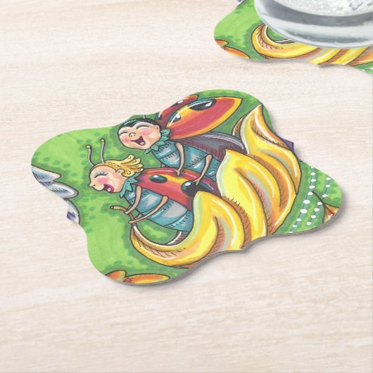 LADYBUGS RIDING ON FALLING AUTUMN LEAVES, FUN BUG KARTONNEN ONDERZETTERS (Gekanteld)