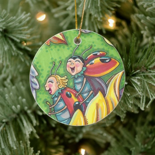 LADYBUGS RIDING ON FALLING AUTUMN LEAVES, FUN BUG KERAMISCH ORNAMENT (Boom)