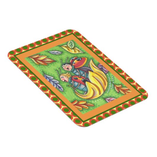 LADYBUGS RIDING ON FALLING AUTUMN LEAVES, FUN BUG MAGNEET (Rechterzijde)