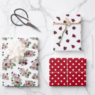 Ladybugs roze Daisies Polka Dots Mixed Patronen Inpakpapier Vel