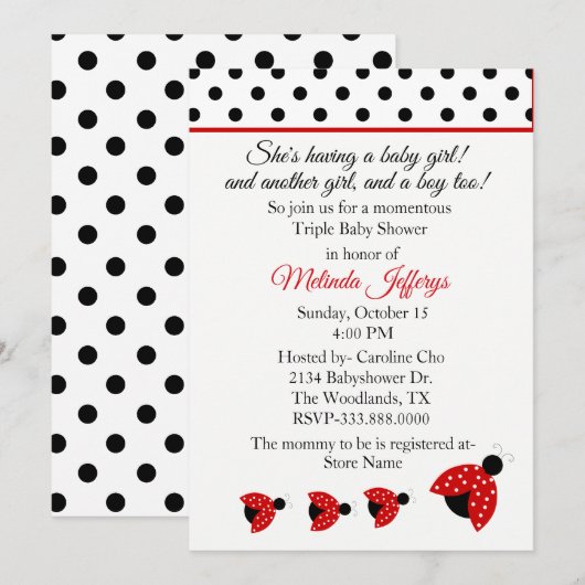 Ladybugs Triplets Baby shower Invitation Kaart (Voorkant / Achterkant)