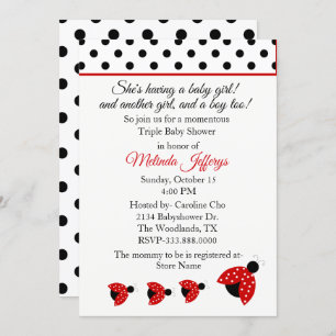 Ladybugs Triplets Baby shower Invitation Kaart