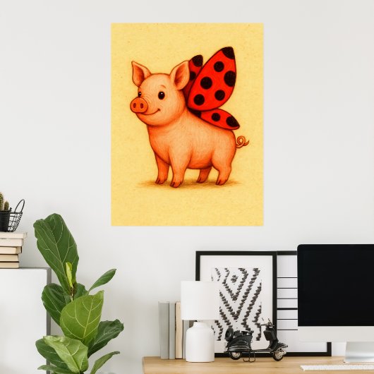 Ladypig Pig Wall Art, Ladybug Wings Pig Poster (Thuiskantoor)