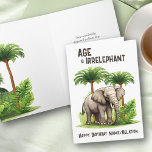 L'âge est irréfutable Funny Elephant Joyeux annive<br><div class="desc">Carte d'anniversaire amusante avec "L'âge n'est pas pertinent" et votre texte personnalisé sur le devant. Le design se compose d'un bel éléphant encadré de palmiers tropicaux et de verdure dans la jungle. Vous pouvez personnaliser l'accueil d'anniversaire à l'intérieur et avoir également la possibilité d'ajouter une signature avec votre ou vos...</div>