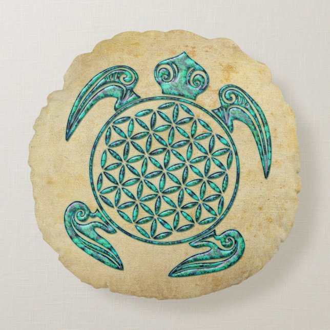 Lager van het leven / Blume des Lebens turquoise Rond Kussen (Voorkant)