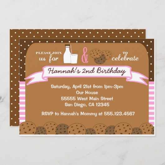 Lait et biscuits Invitations Fête d'anniversaire F (Devant / Derrière)