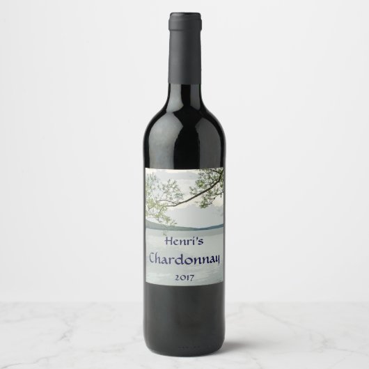 Lake and Willow Tree White Wine Label Wijn Etiket (Voorkant)