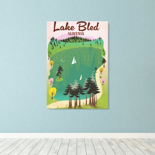 Lake Bled stijl reisposter Slovenië Canvas Afdruk (Insitu (Houten vloer))