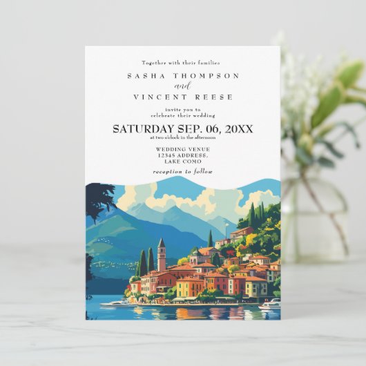 Lake Como Italië bruiloft uitnodiging Retro (Staand voorkant)