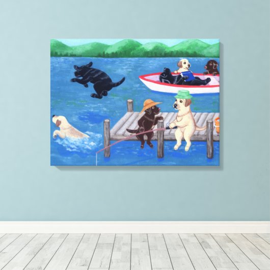 Lake Fun Labradors Schilderen Canvas Afdruk (Insitu (Houten vloer))