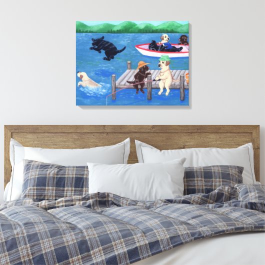 Lake Fun Labradors Schilderen Canvas Afdruk (Insitu (Slaapkamer))