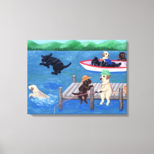 Lake Fun Labradors Schilderen Canvas Afdruk (Voorkant)