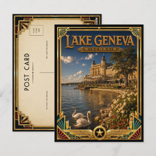 Lake Geneva Wisconsin Vintage Art Deco Gouden Tijd Briefkaart