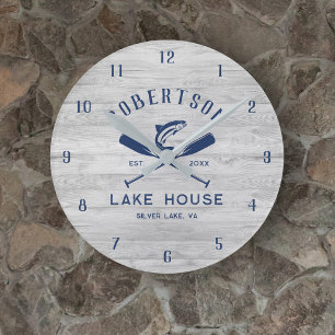 Lake House familienaam Rustic Grey Wood Ronde Klok