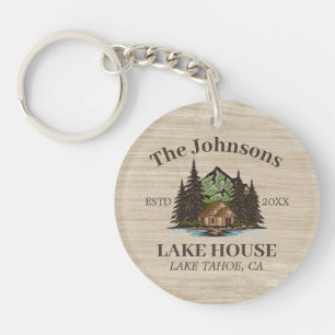 Lake House Wood Thema Familienaam gepersonaliseerd Sleutelhanger