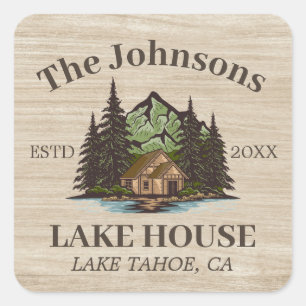 Lake House Wood Thema Familienaam gepersonaliseerd Vierkante Sticker