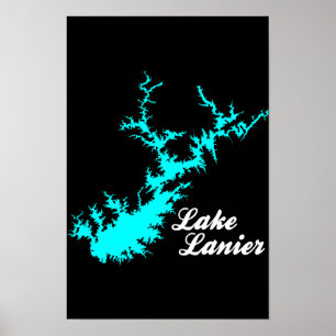 Lake Lanier Georgia Cyaan Kustlijn Script Kaart Ku Poster