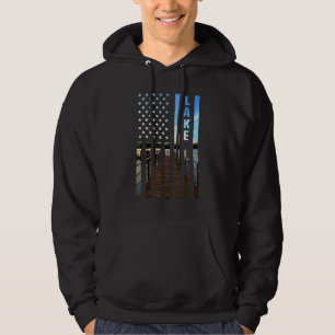 Lake Life American Flag Dock Sunset Power Boat Wak Hoodie