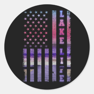 Lake Life American Flag Dock Sunset Wakeboarder Ronde Sticker