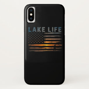 Lake Life Fisherman Sunset American Flag Bass Fish iPhone X Hoesje