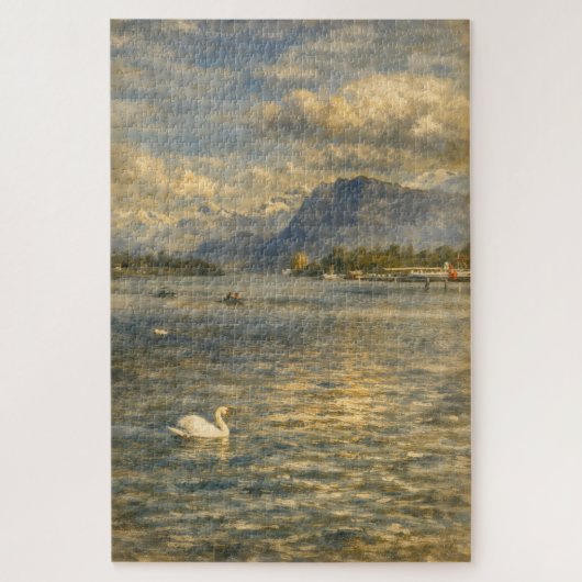 Lake Lucerne Switzerland Swan & Alps Art Puzzle (Vertical)