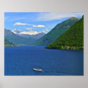 LAKE LUGANO, BOAT, MOUNTAINEN IN ACHTERGROND POSTER
