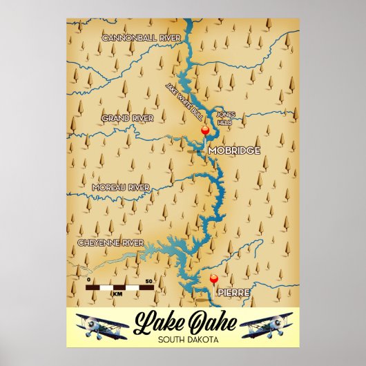 Lake Oahe South Dakota-kaart Poster (Voorkant)