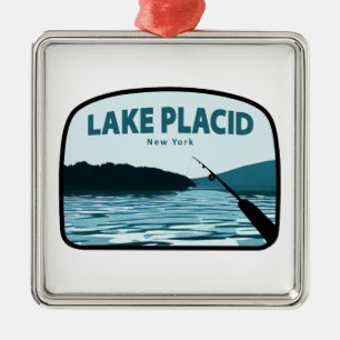 Lake Placid New York Gevist Rod Metalen Ornament