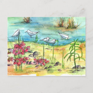 Lake Shore Birds Seagulls Waterverf Pond Flowers Briefkaart