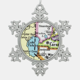 Lake Tahoe, Carson Stadsplattegrond Kerstmis Ornam Tin Sneeuwvlok Ornament
