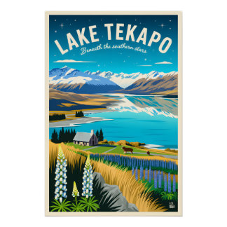 Lake Tekapo Nieuw-Zeeland Retro Reisposter Kunst Perfect Poster