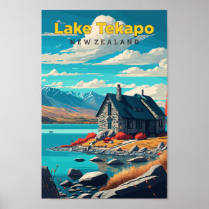 Lake Tekapo Nieuw-Zeeland Travel Art Vintage Poster