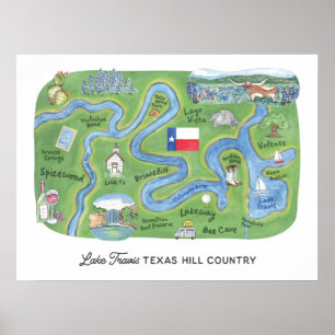 Lake Travis Texas Hill Country geïllustreerde kaar Poster