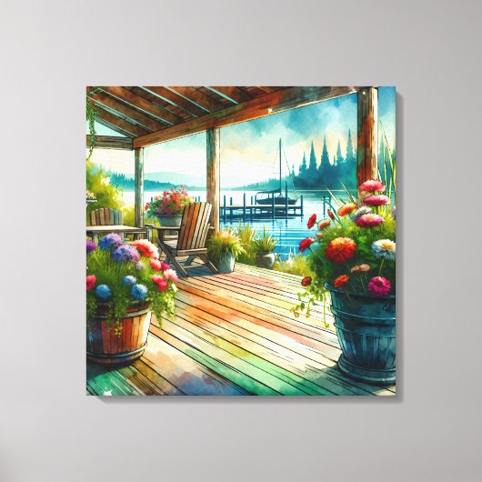 Lakehouse Uitzicht Deck and Flowers Canvas Afdruk (Voorkant)