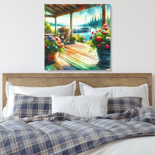 Lakehouse Uitzicht Deck and Flowers Canvas Afdruk (Insitu (Slaapkamer))